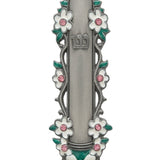 Water Lilies design mezuzah crafted from pewter, hand painted with enamel, suitable for doorposts, with detailed Hebrew script and motifs.