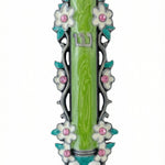 Water Lilies Mezuzah in green, made of pewter with enamel, measuring 3 7/8 inches tall, ideal for doorpost decoration and blessing.
