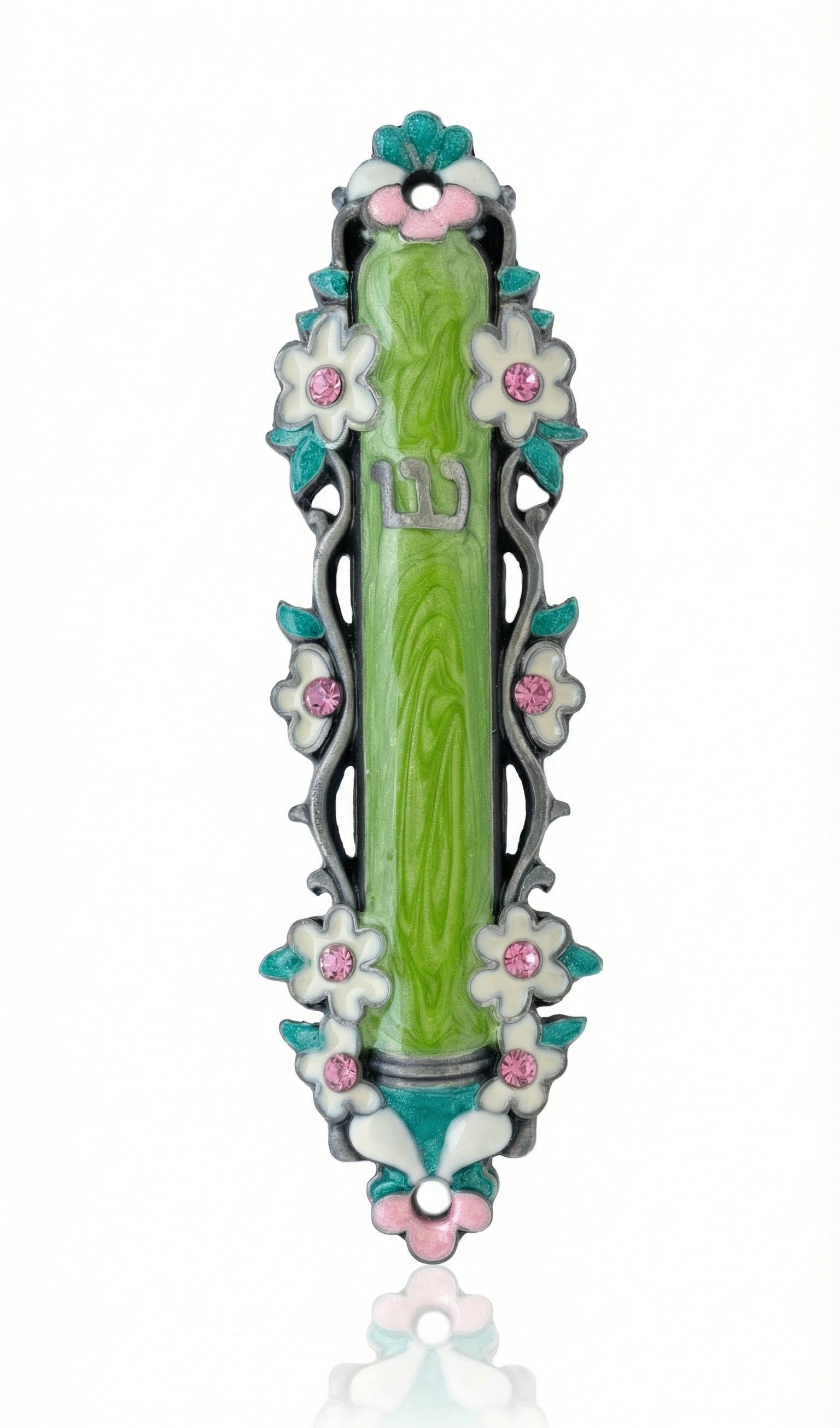 Water Lilies Mezuzah in green, made of pewter with enamel, measuring 3 7/8 inches tall, ideal for doorpost decoration and blessing.