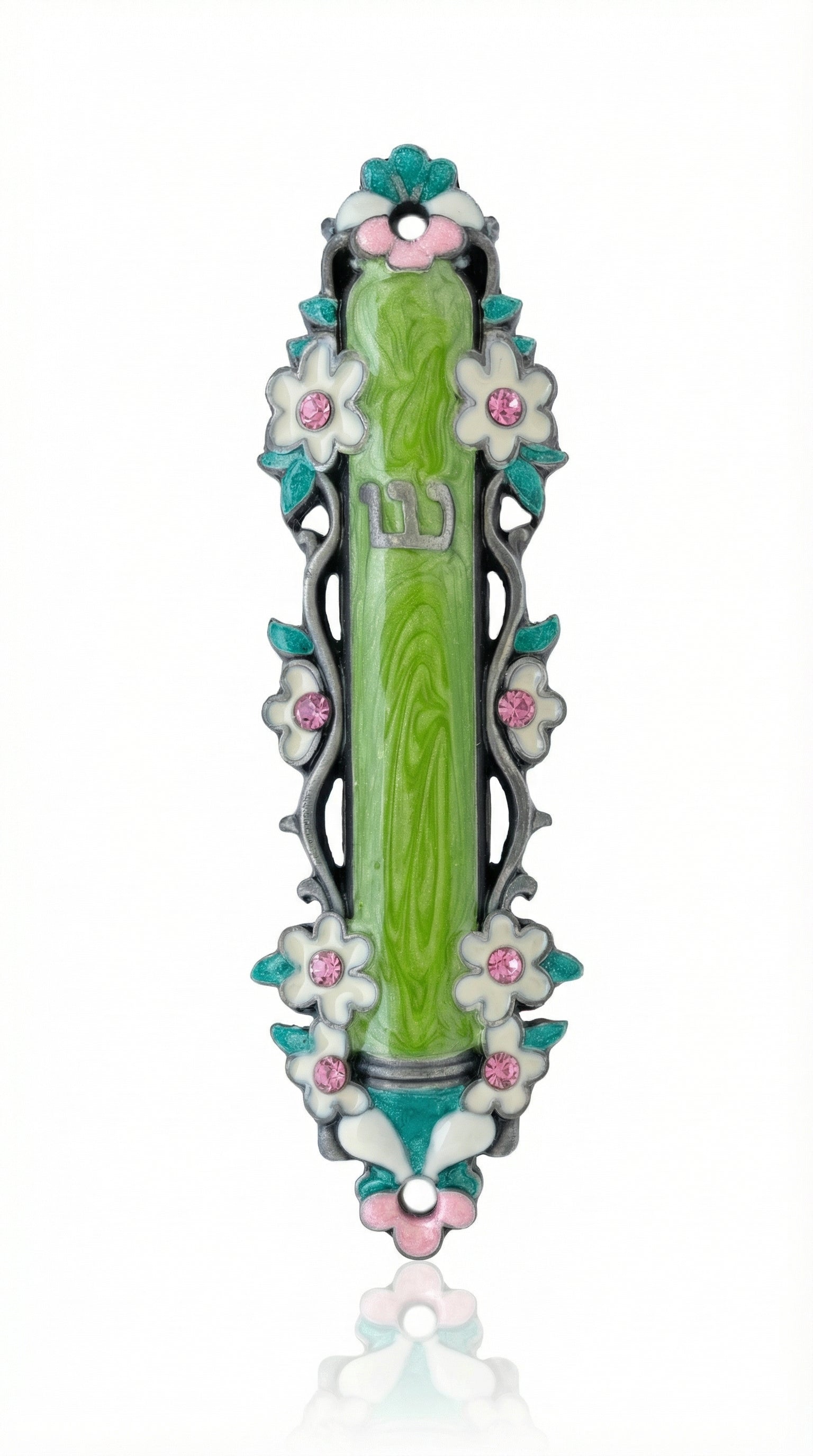 Water Lilies Mezuzah in green, made of pewter with enamel, measuring 3 7/8 inches tall, ideal for doorpost decoration and blessing.