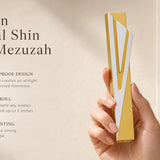 Capital Shin gold mezuzah specification image highlighting the 5.5-inch body, 5-inch kosher scroll fit, and Israeli origin