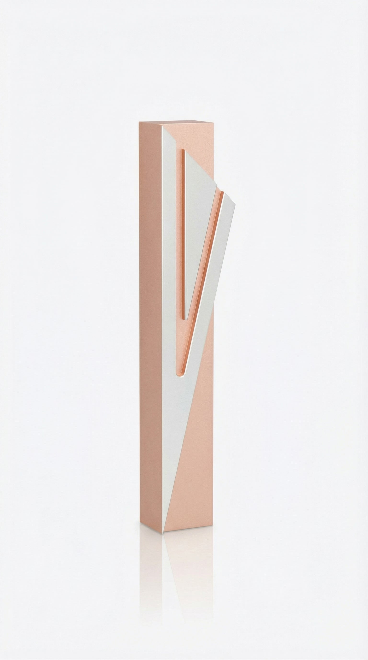 Modern Capital Shin pink aluminum mezuzah case on white with a soft pink body and a large angular silver Hebrew Shin