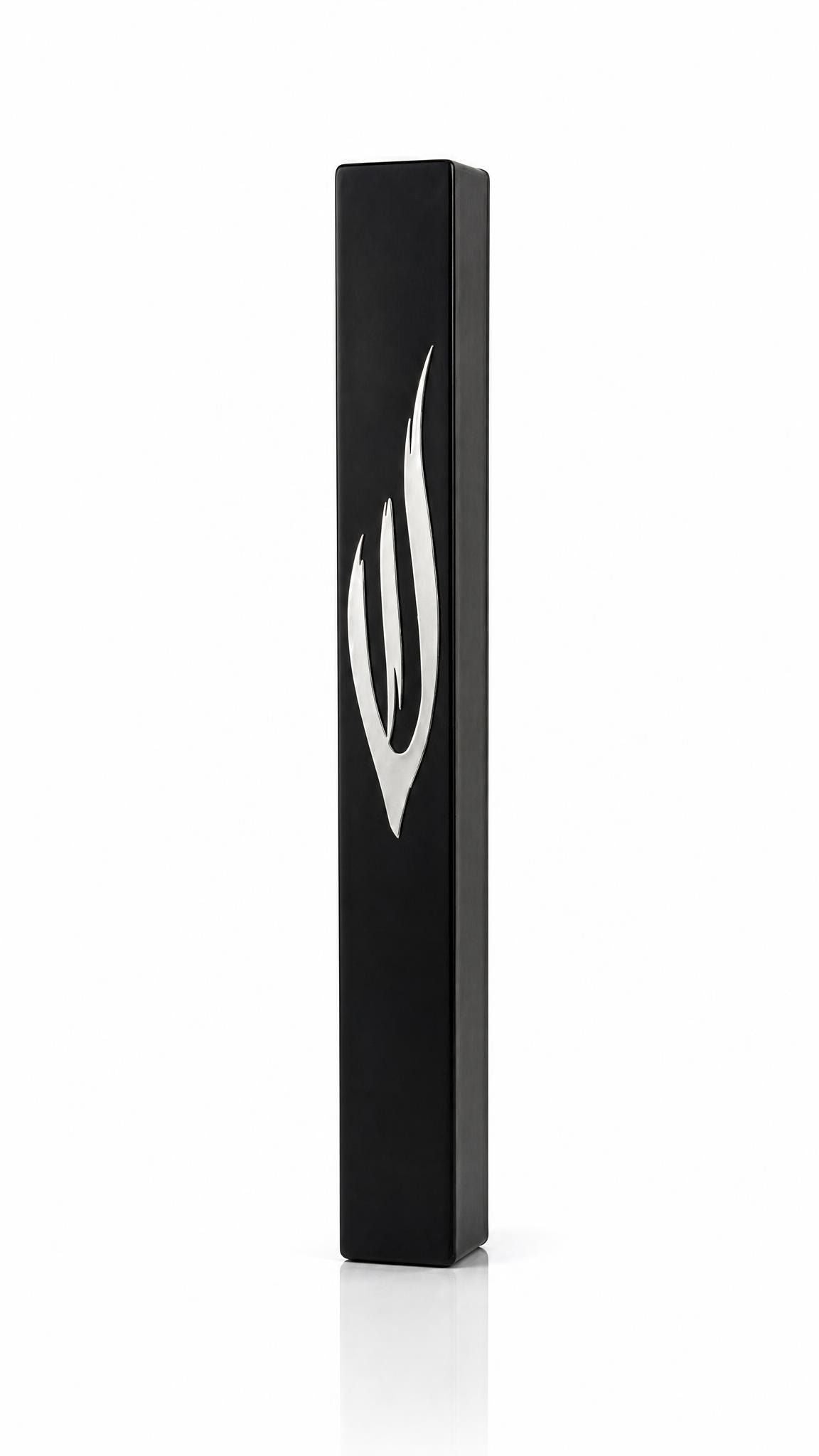 large black acrylic outdoor mezuzah case made in Israel with an elongated sculpted silver Hebrew Shin