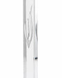 large clear acrylic outdoor mezuzah case made in Israel with an elongated sculpted silver Hebrew Shin with exposed scroll for front entrances