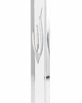 large clear acrylic outdoor mezuzah case made in Israel with an elongated sculpted silver Hebrew Shin with exposed scroll for front entrances