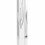large clear acrylic outdoor mezuzah case made in Israel with an elongated sculpted silver Hebrew Shin with exposed scroll for front entrances