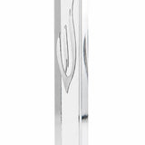 large clear acrylic outdoor mezuzah case made in Israel with an elongated sculpted silver Hebrew Shin with exposed scroll for front entrances