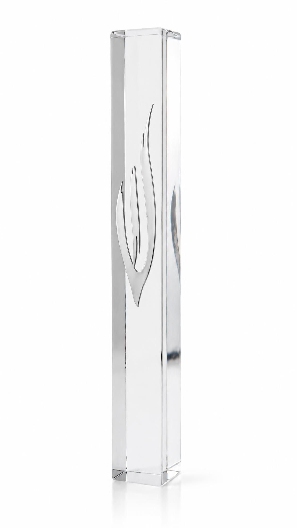 large clear acrylic outdoor mezuzah case made in Israel with an elongated sculpted silver Hebrew Shin with exposed scroll for front entrances