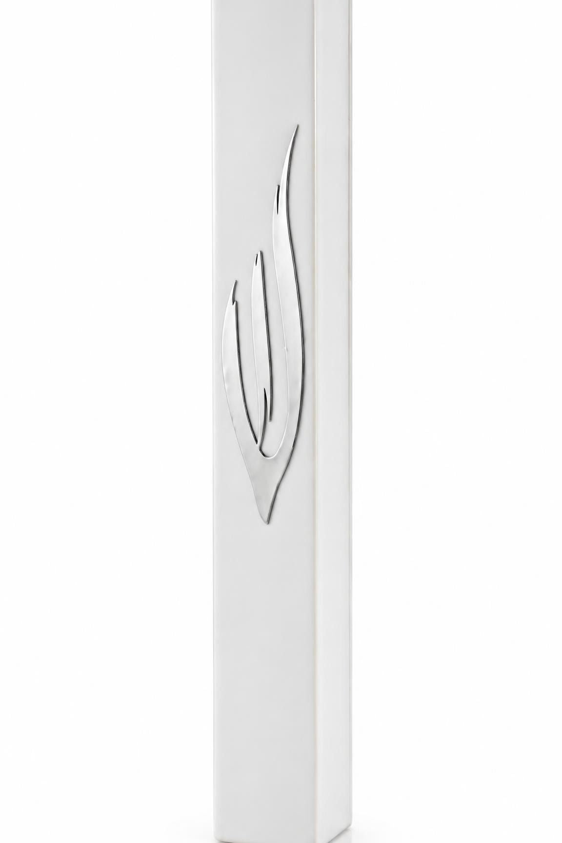 Large white acrylic outdoor mezuzah cover with a polished silver Hebrew Shin letter, made in Israel, suitable for indoor and outdoor use