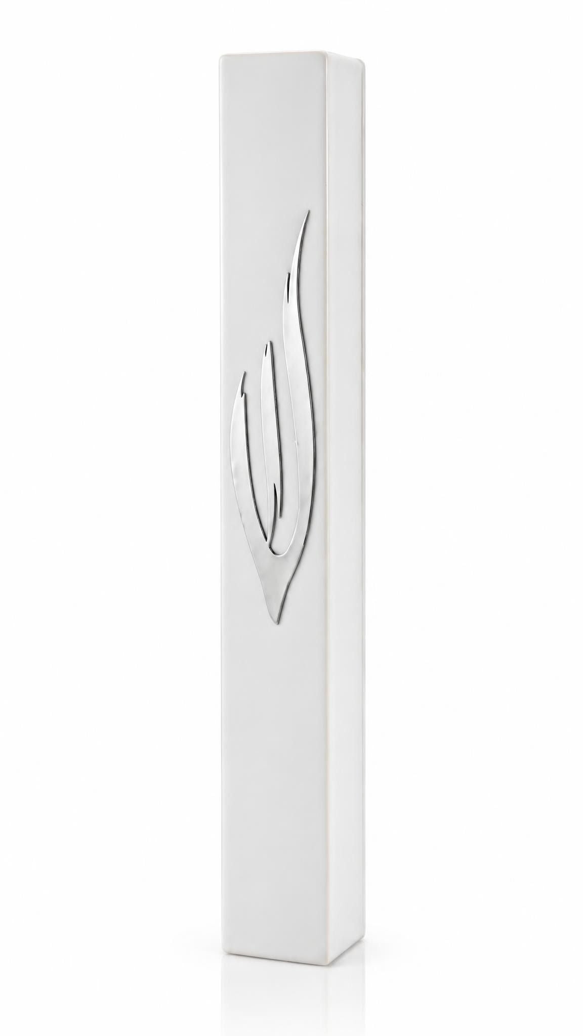 Large white acrylic outdoor mezuzah cover with a polished silver Hebrew Shin letter, made in Israel, suitable for indoor and outdoor use