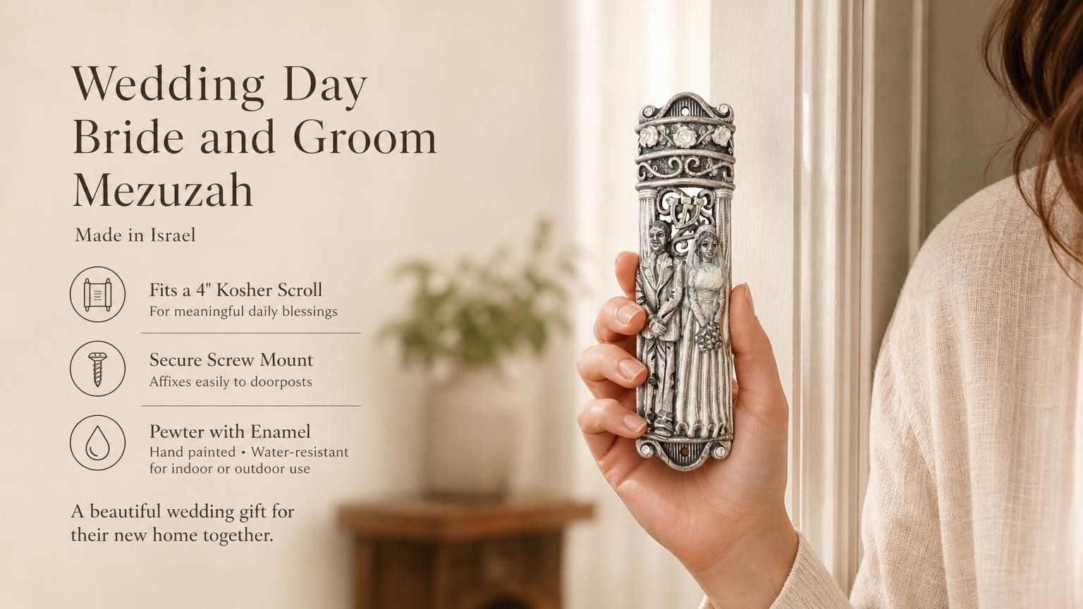 Wedding Day Bride and Groom mezuzah case held beside a doorway, featuring an ornate silver-tone pewter design with a sculpted Jewish bride and groom beneath a decorative wedding canopy. Made in Israel, this wedding mezuzah case fits a 4-inch kosher scroll and makes a meaningful Jewish wedding or new home gift