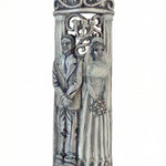 Wedding Day Mezuzah made of pewter, 6 inches tall, with detailed Hebrew engravings, displayed on a white studio background with light reflection.