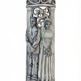 Wedding Day Mezuzah made of pewter, 6 inches tall, with detailed Hebrew engravings, displayed on a white studio background with light reflection.