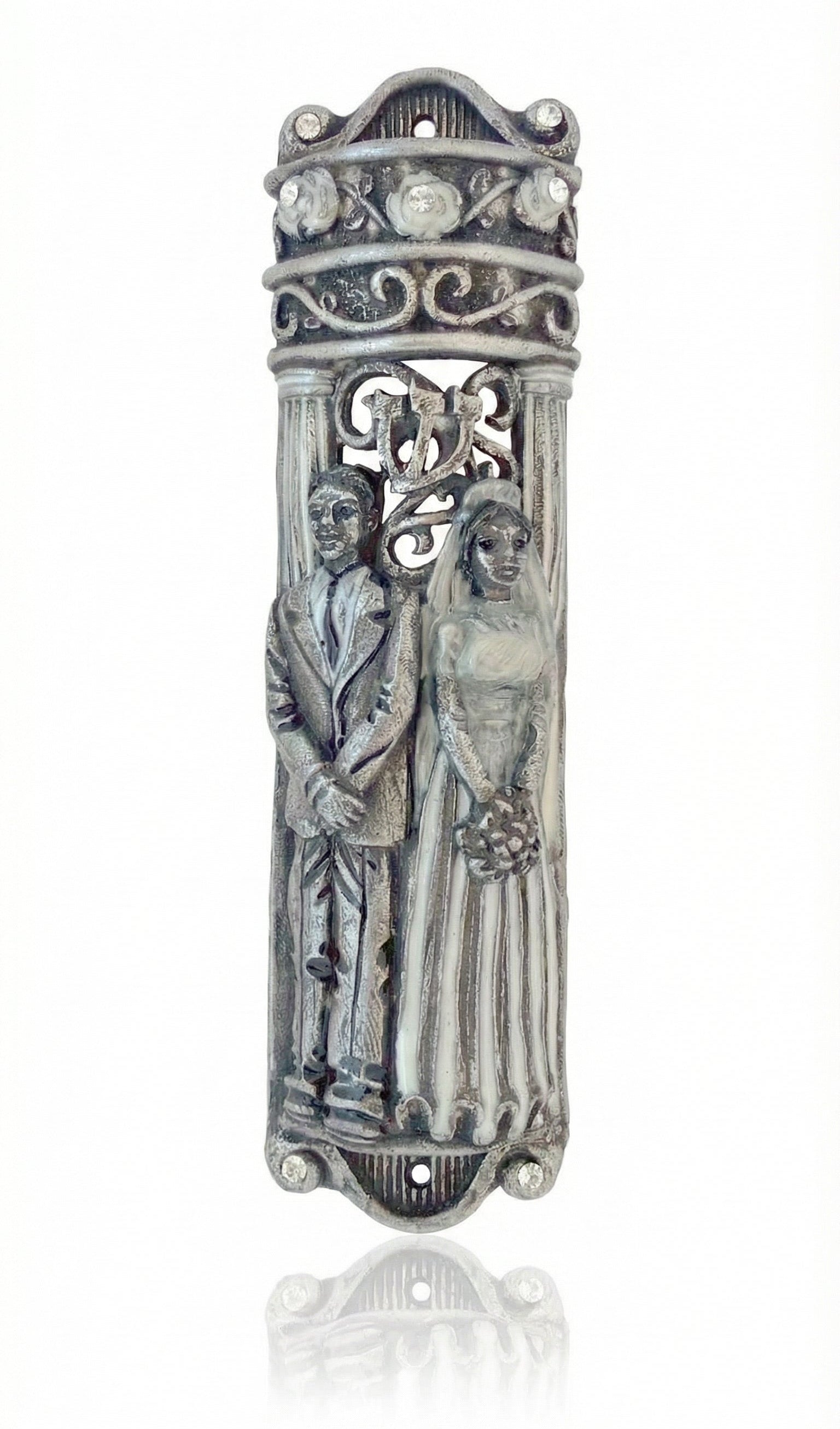 Wedding Day Mezuzah made of pewter, 6 inches tall, with detailed Hebrew engravings, displayed on a white studio background with light reflection.