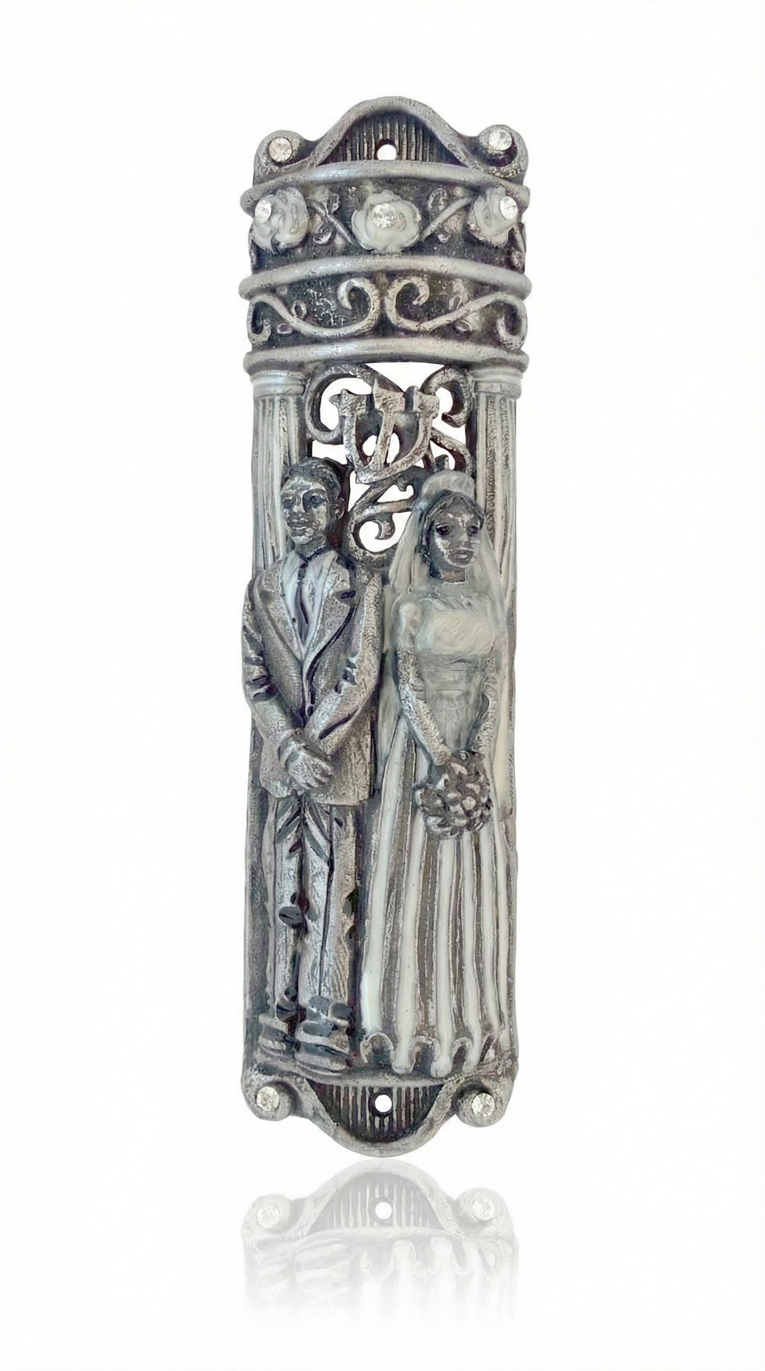 Wedding Day Mezuzah made of pewter, 6 inches tall, with detailed Hebrew engravings, displayed on a white studio background with light reflection.