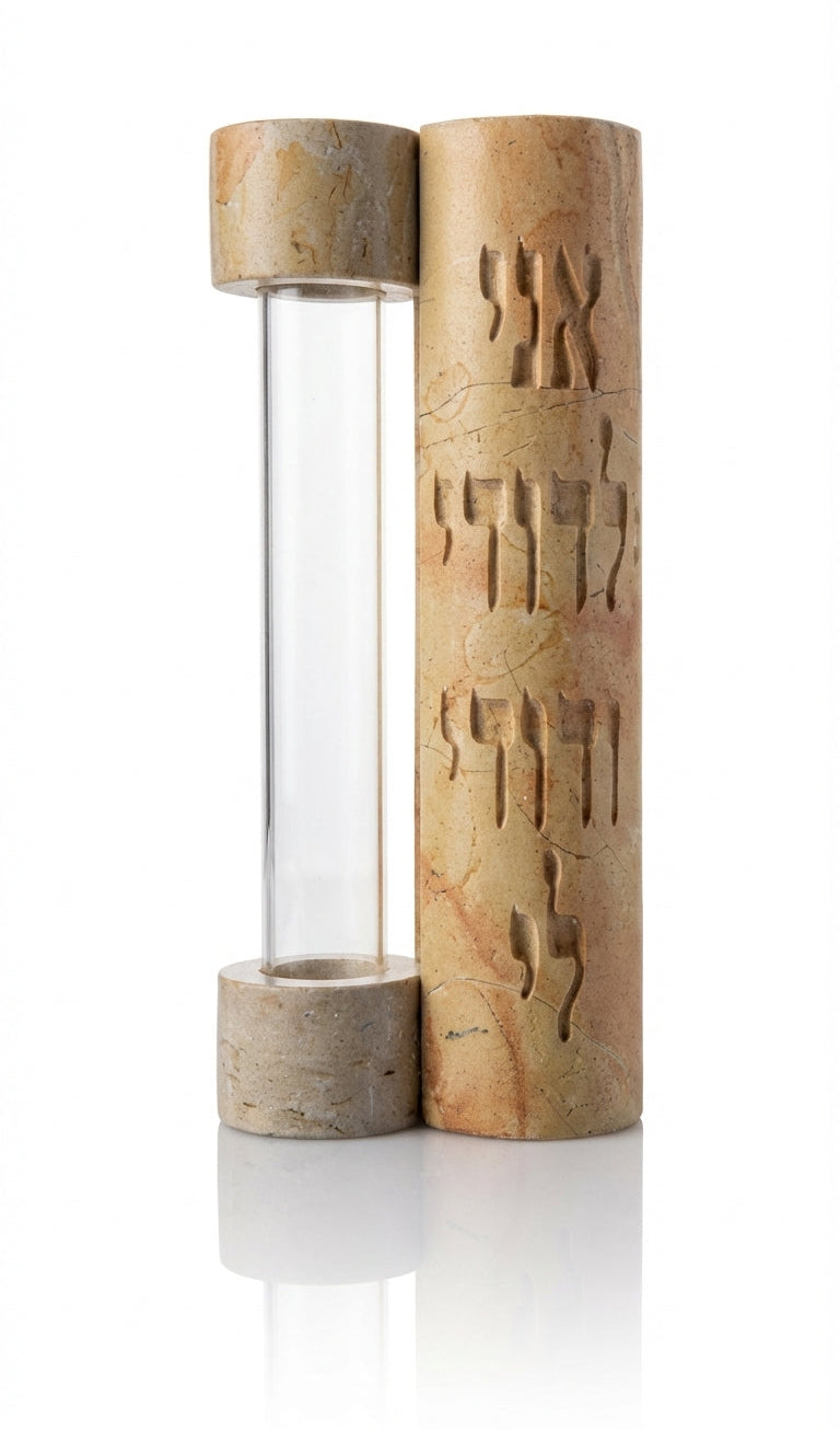 Elegant handcrafted Jerusalem stone Mezuzah with Hebrew inscription, natural stone variations, and polished white studio background with subtle reflection.