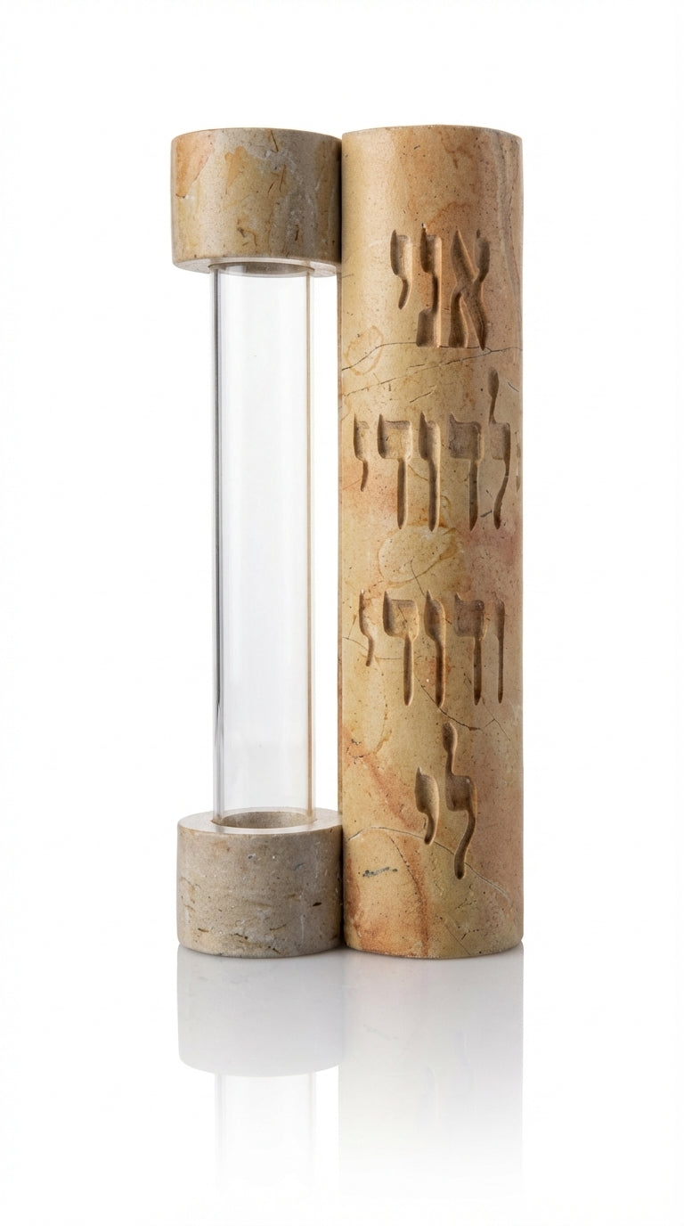 Elegant handcrafted Jerusalem stone Mezuzah with Hebrew inscription, natural stone variations, and polished white studio background with subtle reflection.