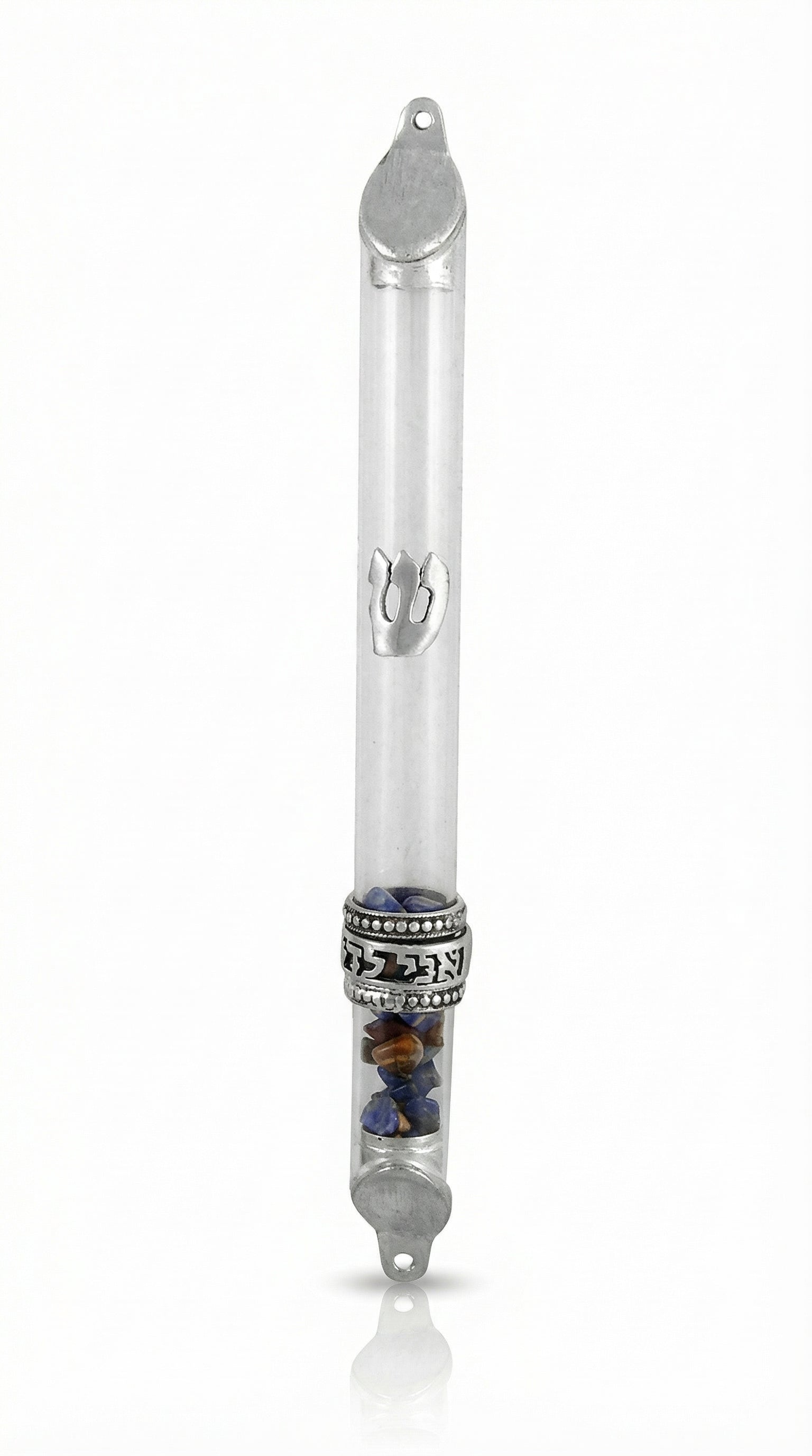 Elegant wedding glass mezuzah with sterling silver wedding ring, engraved Hebrew words Ani L’dodi V’dodi Li mezuzah