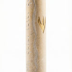 Handcrafted wedding Mezuzah made from natural Jerusalem stone, featuring engraved Hebrew letters and decorative motifs