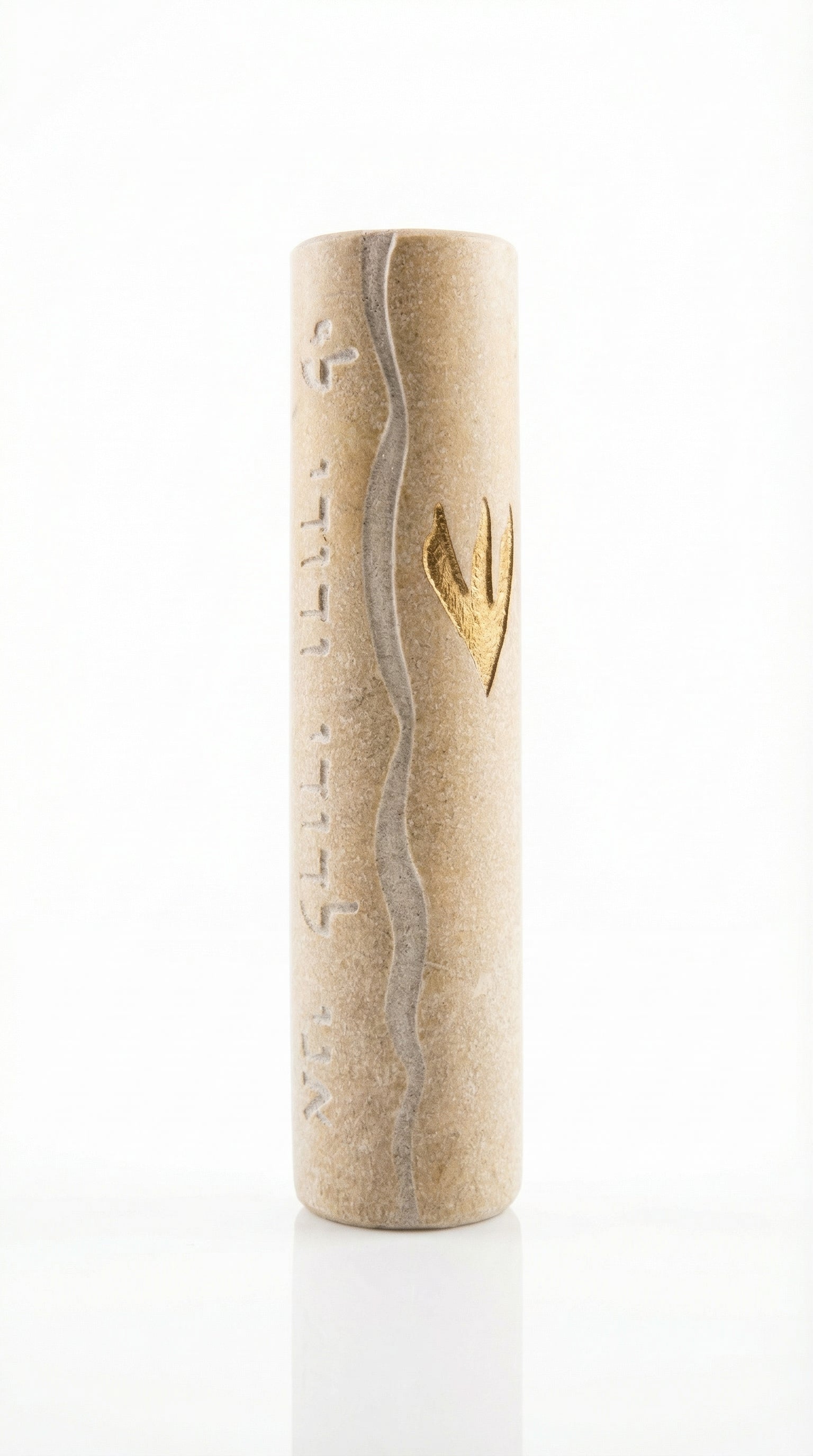Handcrafted wedding Mezuzah made from natural Jerusalem stone, featuring engraved Hebrew letters and decorative motifs