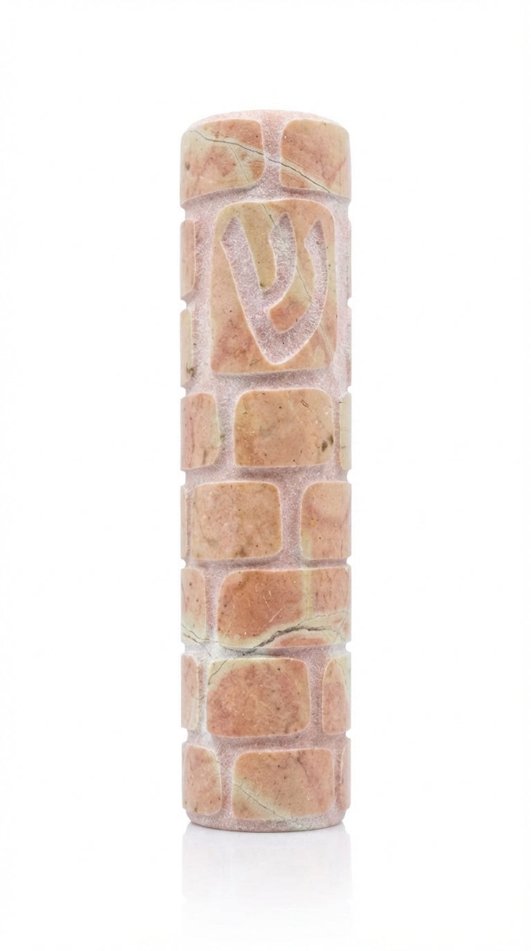 High-resolution image of handcrafted Western Wall design Mezuzah made from Jerusalem stone, showcasing natural texture and detailed Hebrew engravings.
