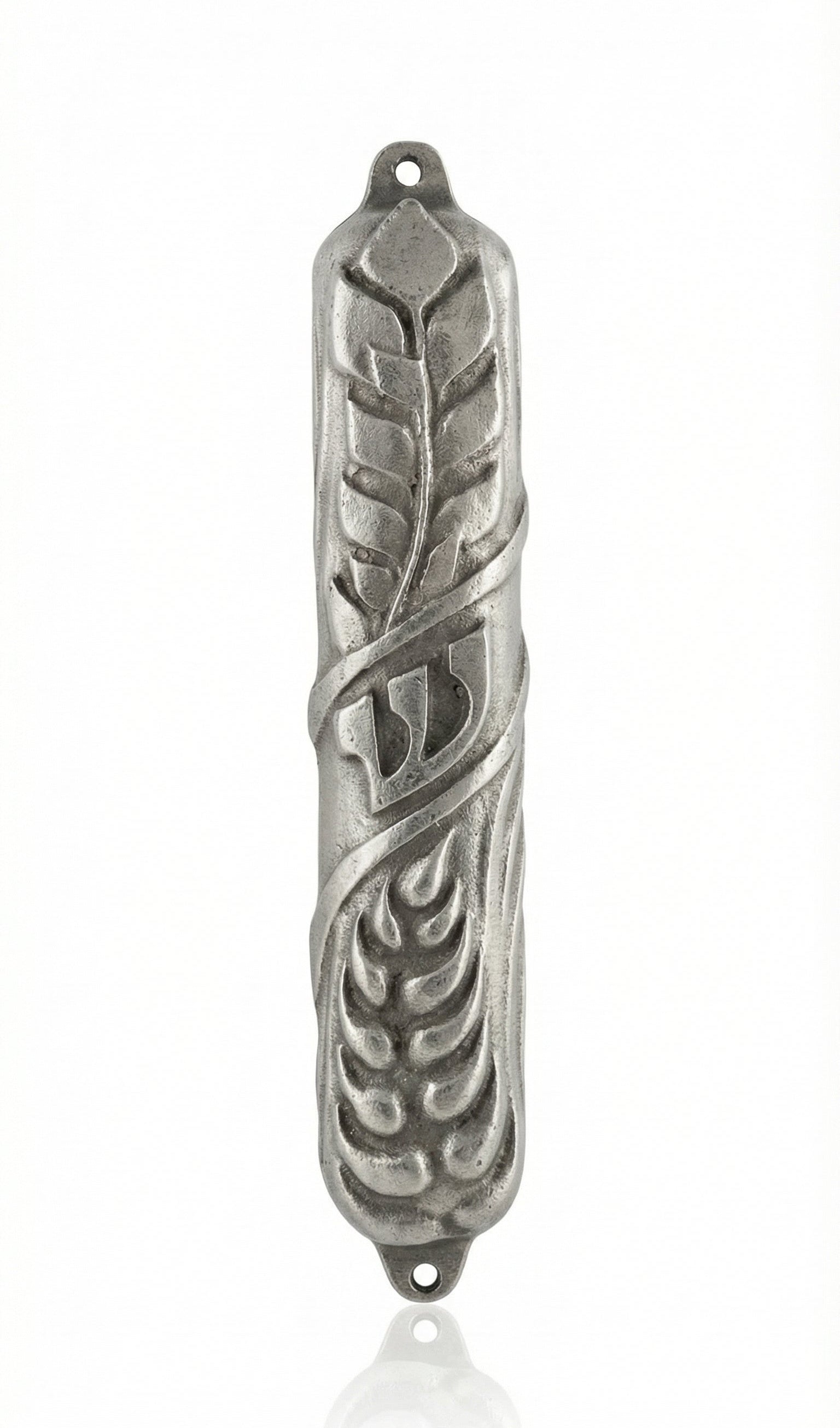 Wheat Land Mezuzah made of pewter, measuring 4.1/4 inches tall, designed for home doorways, with detailed Hebrew engravings and decorative motifs.