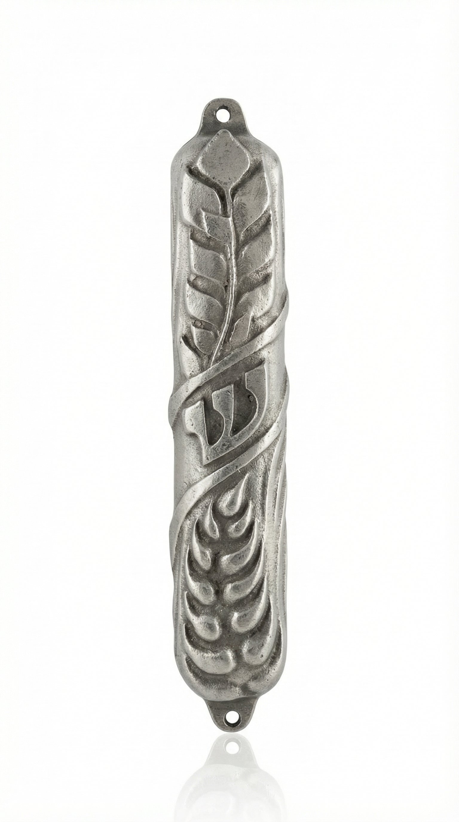 Wheat Land Mezuzah made of pewter, measuring 4.1/4 inches tall, designed for home doorways, with detailed Hebrew engravings and decorative motifs.