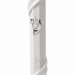 Around The Old City White Acrylic Mezuzah standing on a white background, a waterproof white mezuzah case from Israel with twisting Jerusalem wall relief and a silver Shin, made for kosher mezuzah scrolls up to 6 inches