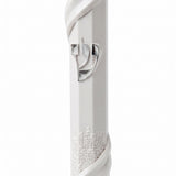 Around The Old City White Acrylic Mezuzah standing on a white background, a waterproof white mezuzah case from Israel with twisting Jerusalem wall relief and a silver Shin, made for kosher mezuzah scrolls up to 6 inches