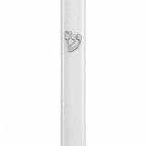 White acrylic outdoor mezuzah case featuring a raised silver Hebrew letter Shin and a 6-inch scroll chamber.