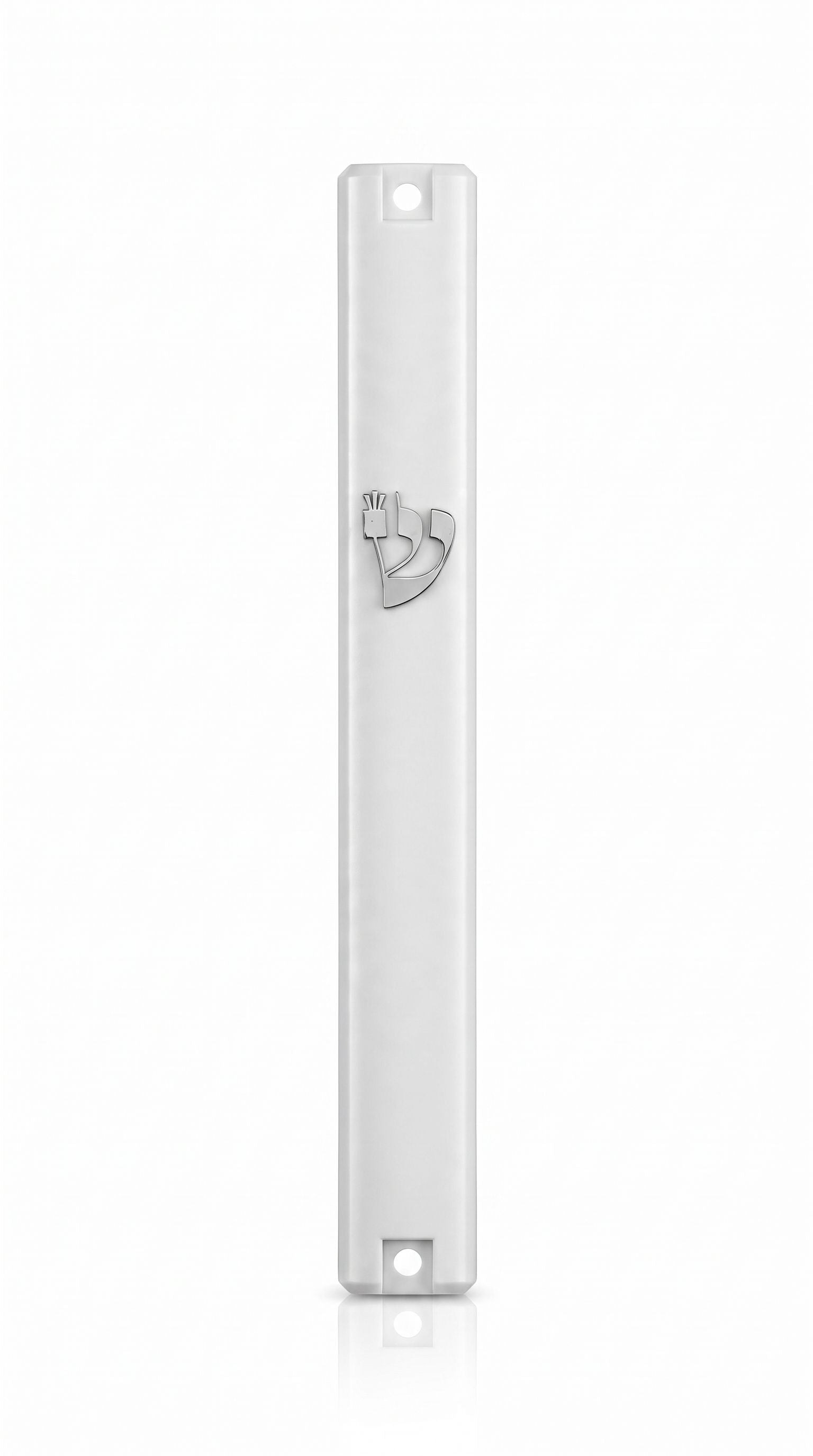 White acrylic outdoor mezuzah case featuring a raised silver Hebrew letter Shin and a 6-inch scroll chamber.
