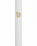 Timeless white and gold acrylic outdoor mezuzah case with a raised Hebrew Shin letter for 6-inch scrolls.