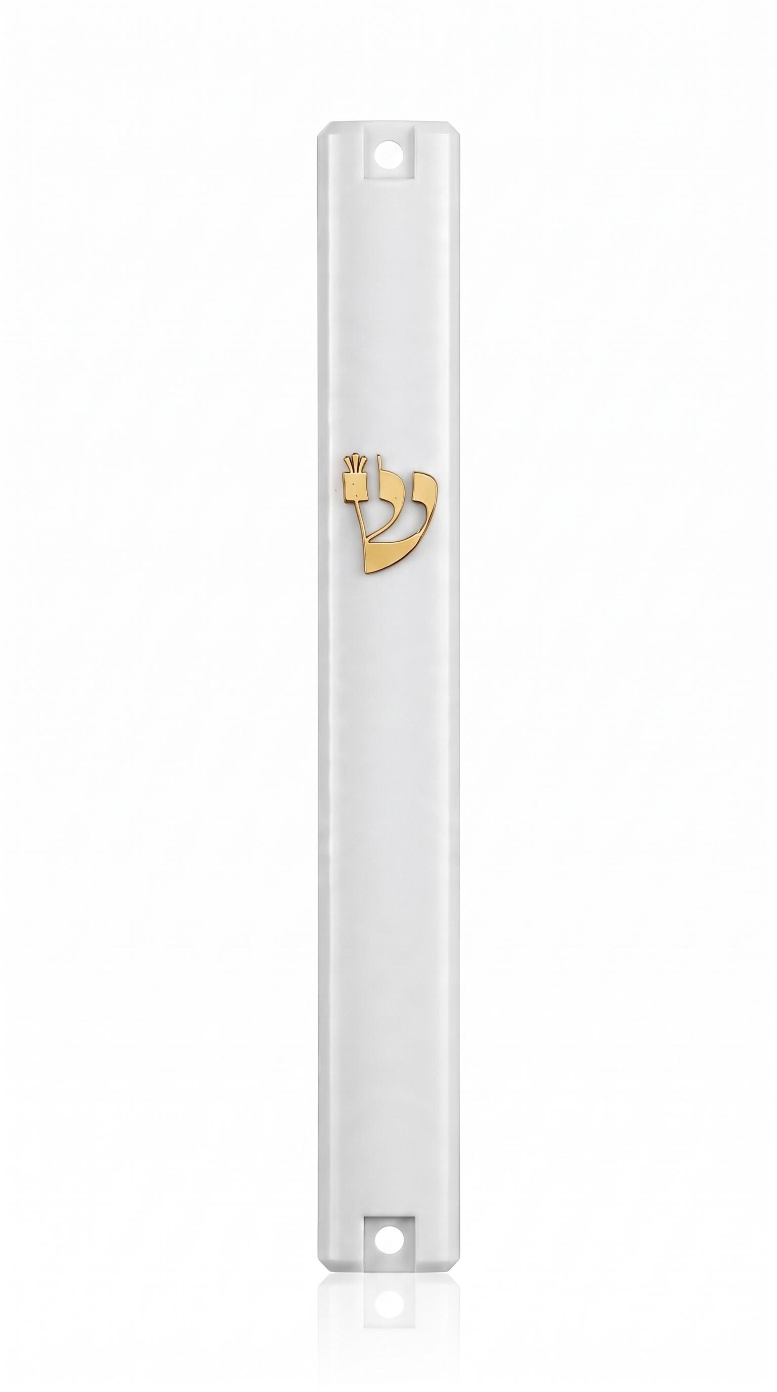 Timeless white and gold acrylic outdoor mezuzah case with a raised Hebrew Shin letter for 6-inch scrolls.