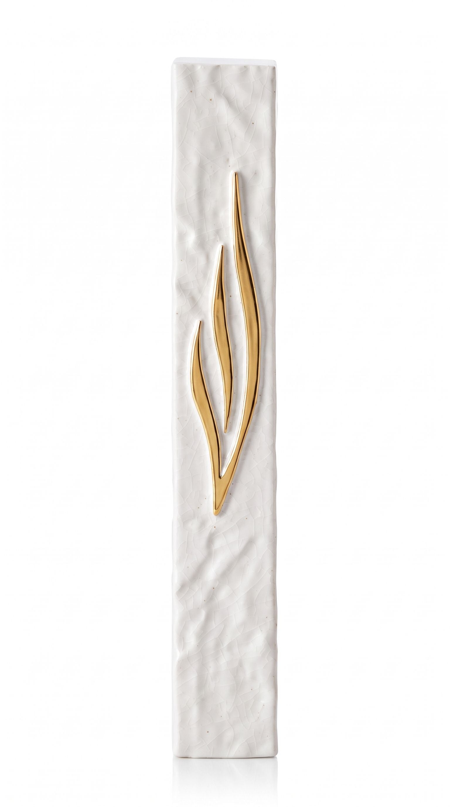White and gold polymer composite mezuzah case, designed to hold an 8-inch scroll for indoor or outdoor door frames.