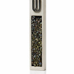 White and silver cement kosher mezuzah case with a raised Hebrew Shin and iridescent stone-style inlay.