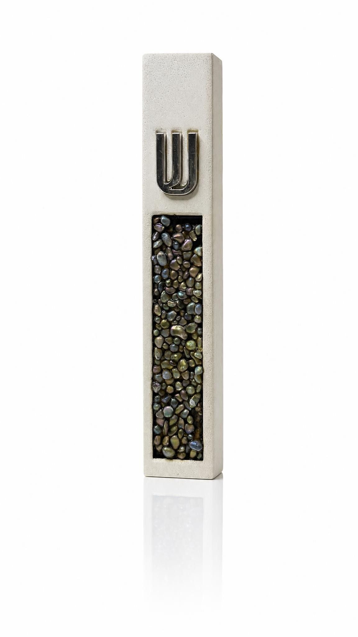 White and silver cement kosher mezuzah case with a raised Hebrew Shin and iridescent stone-style inlay.