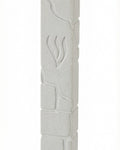 White cement mezuzah measuring 6 inches tall with Hebrew engravings, mounted with strong adhesive on a white studio background with soft reflection.