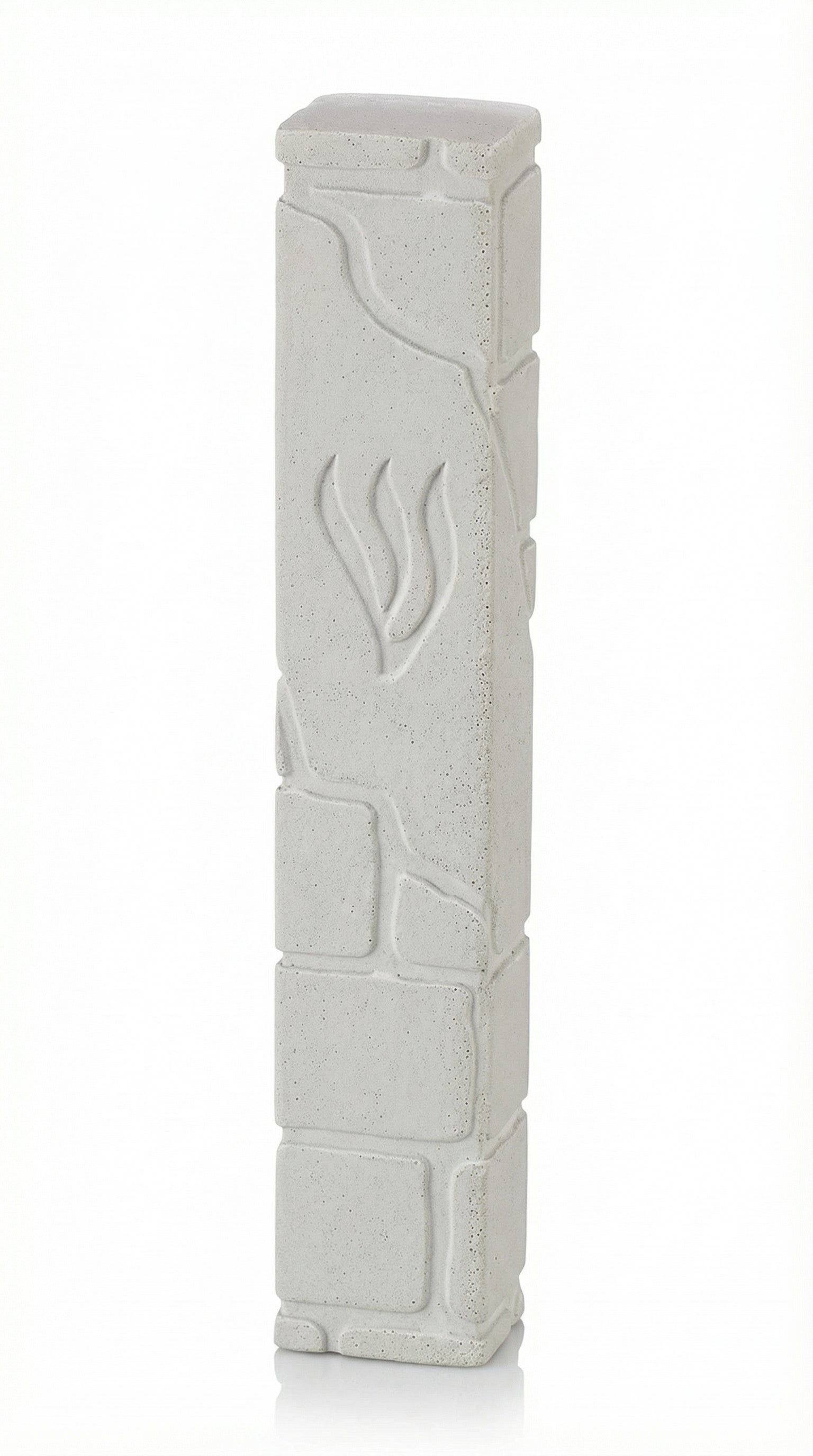 White cement mezuzah measuring 6 inches tall with Hebrew engravings, mounted with strong adhesive on a white studio background with soft reflection.