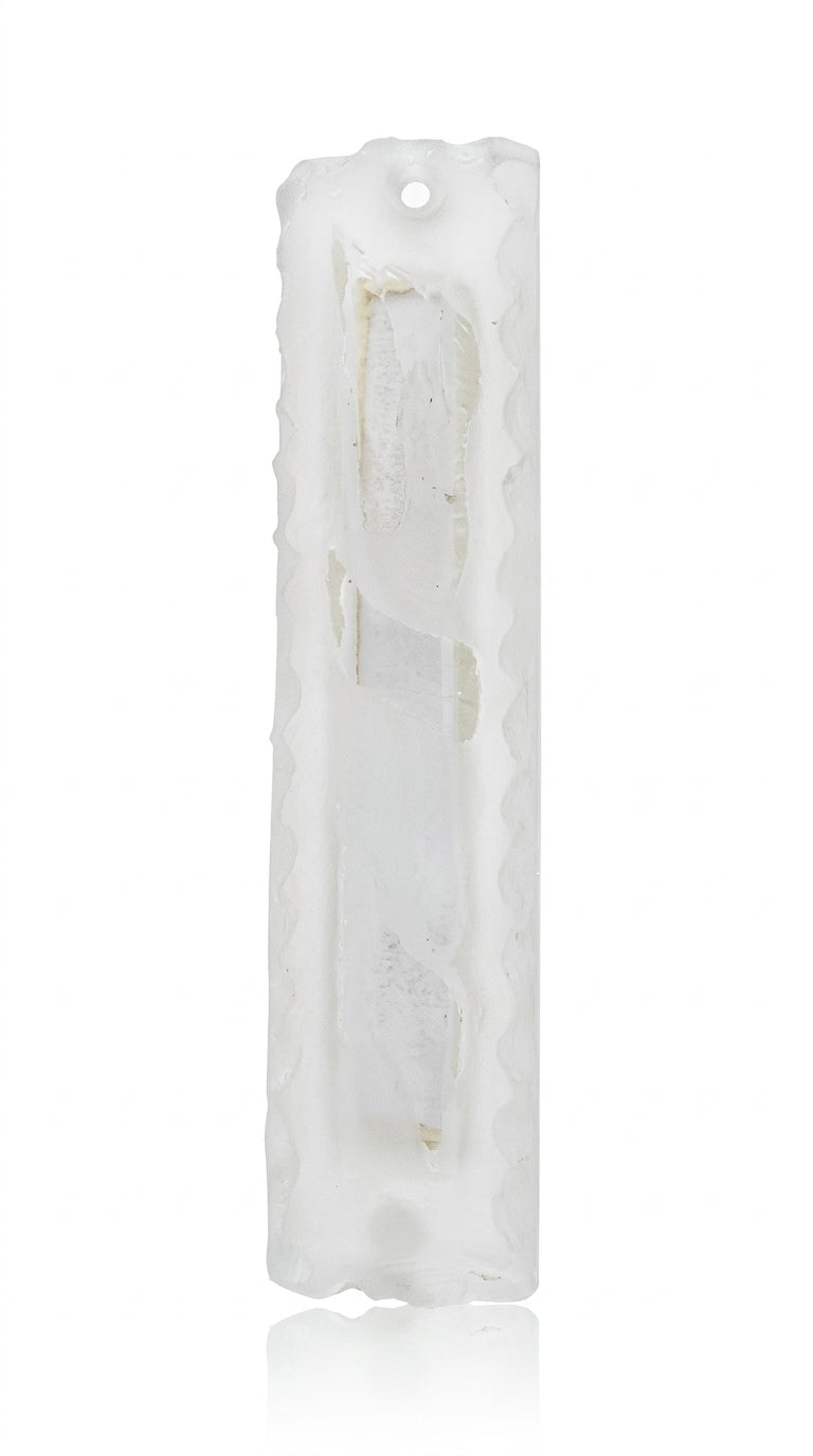 Frosted glass mezuzah with transparent flame window showing scroll inside, 4 inches tall, in a bright white studio setting.