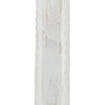 Frosted glass mezuzah with transparent flame window showing scroll inside, 4 inches tall, in a bright white studio setting.