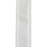 Frosted glass mezuzah with transparent flame window showing scroll inside, 4 inches tall, in a bright white studio setting.