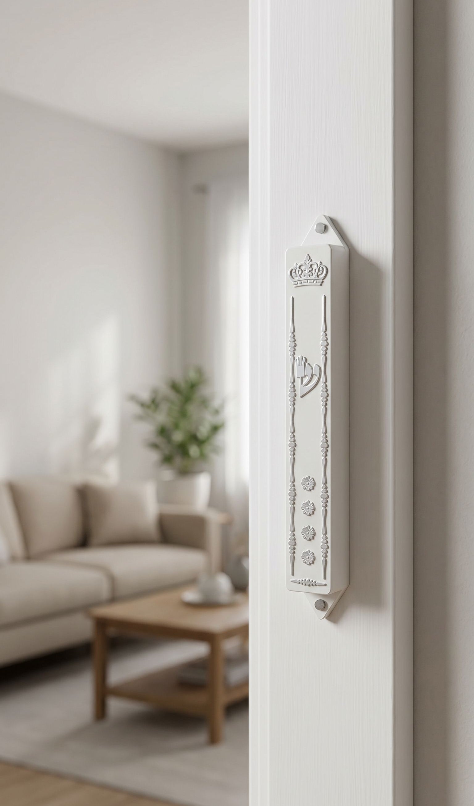 Elegant white Keter mezuzah case mounted inside a doorway reveal, emphasizing traditional design and subtle decorative accents.