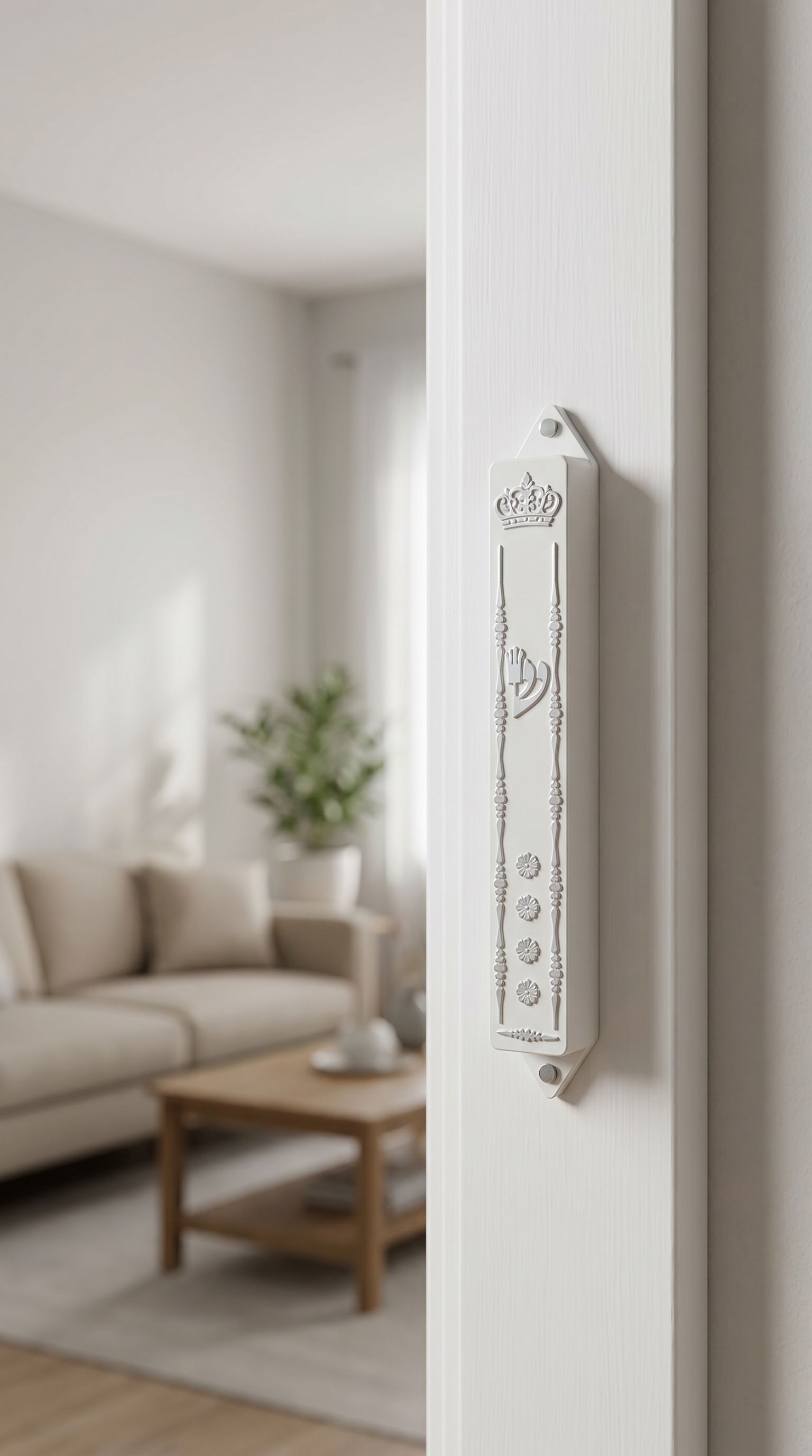 Elegant white Keter mezuzah case mounted inside a doorway reveal, emphasizing traditional design and subtle decorative accents.