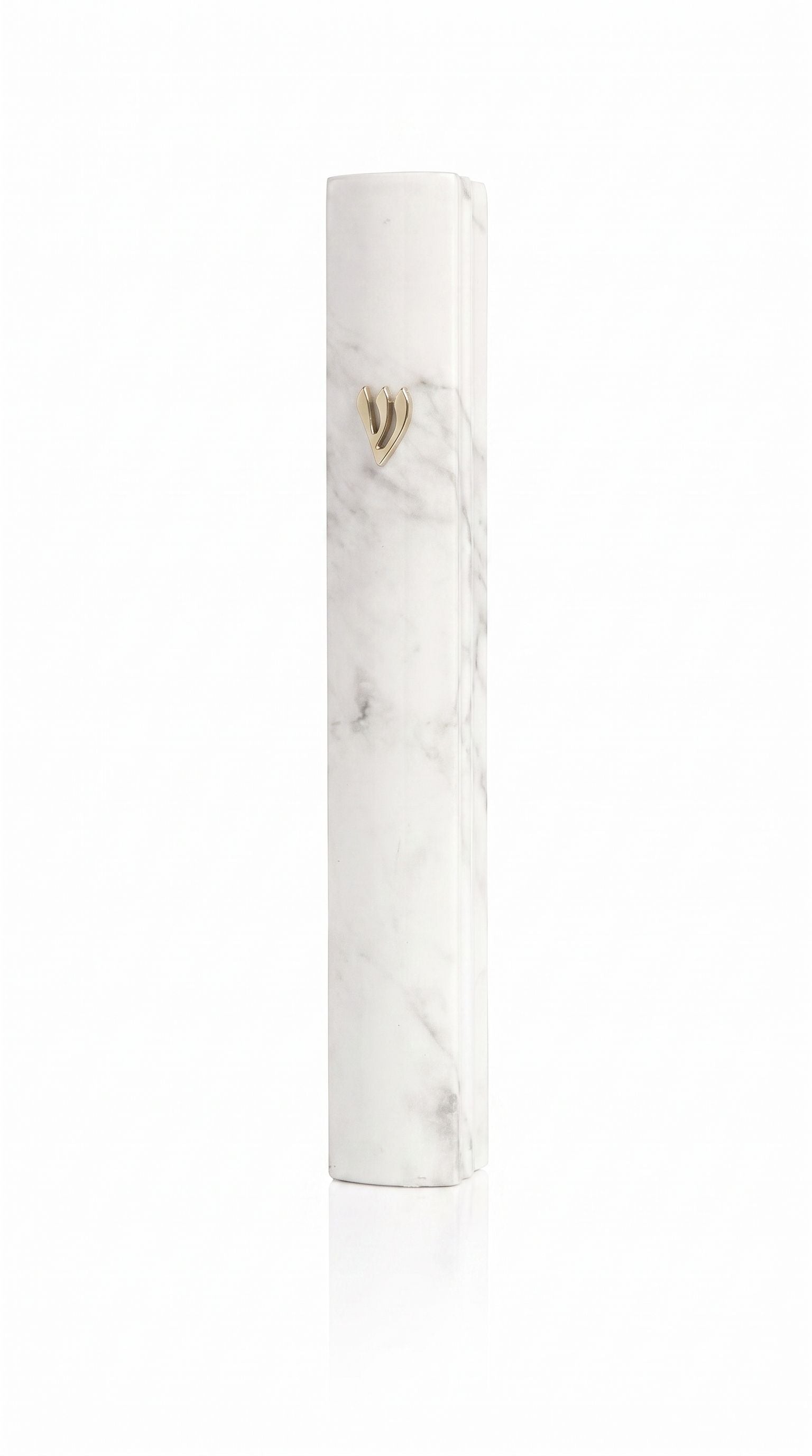 Precise image of a classic white marble outdoor aluminum mezuzah with Hebrew Shin on a pure white background, showcasing its design and craftsmanship.