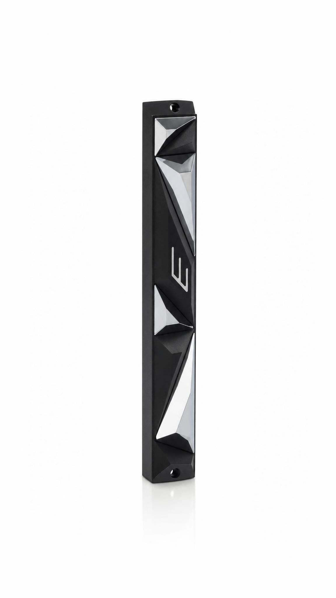 Center-front high-resolution studio photo of the exact black and silver aluminum mezuzah on a pure white background, showing all hardware.