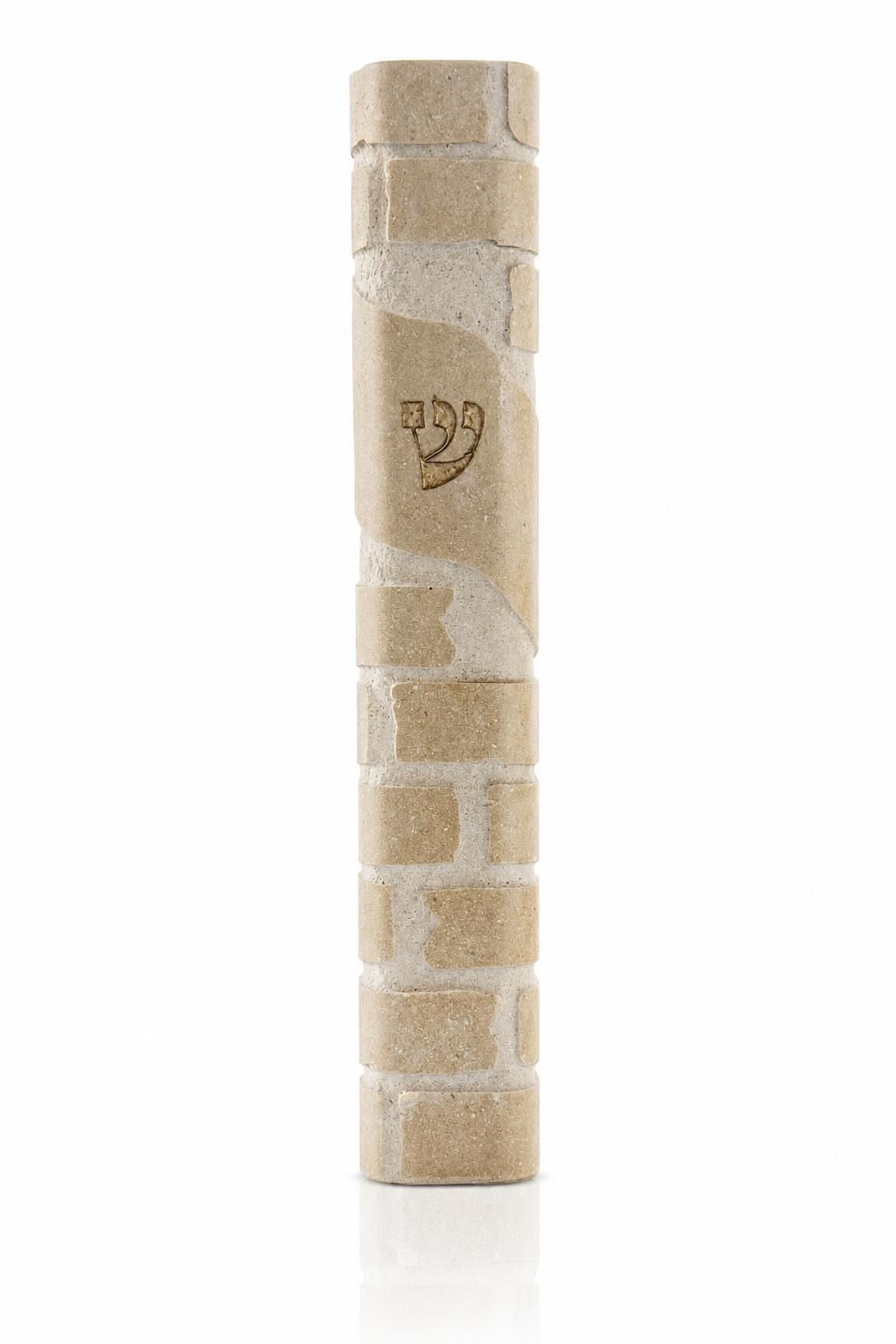 Kotel extra large cream Jerusalem stone mezuzah, 9 inches tall, with coursed Western Wall stonework on the face.