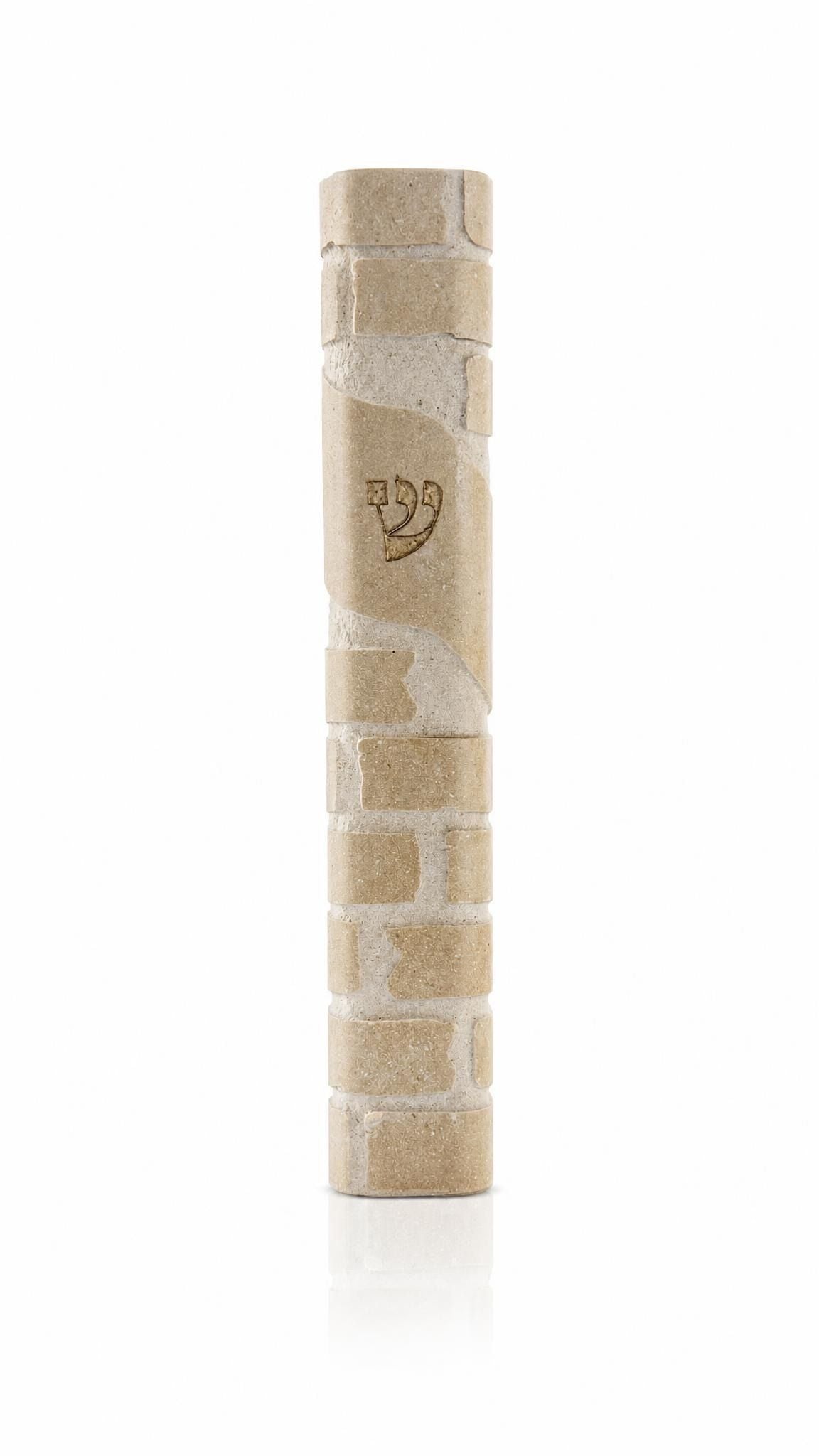 Kotel extra large cream Jerusalem stone mezuzah, 9 inches tall, with coursed Western Wall stonework on the face.
