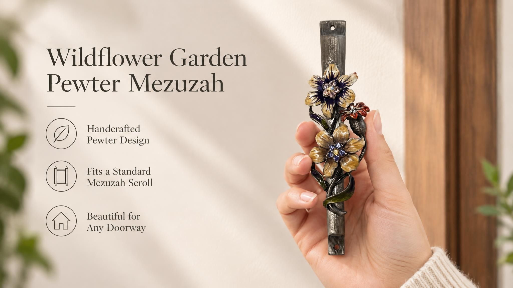 Wildflower Garden Pewter Mezuzah mezuzah cover held upright in one hand, showing yellow and purple flowers with sparkling centers, a small reddish blossom and green curling leaves along a textured silver-toned pewter stem beside the product name and illustrated design features in a wide social-sharing graphic for decorative Jewish home Judaica