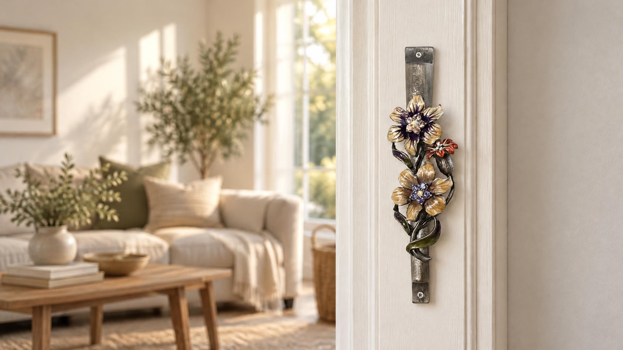 Wildflower Garden Pewter Mezuzah mounted vertically on a pale home doorpost, with yellow and purple flowers with sparkling centers, a small reddish blossom and green curling leaves along a textured silver-toned pewter stem creating a distinctive mezuzah cover that brings its Jewish design and decorative detail into the doorway