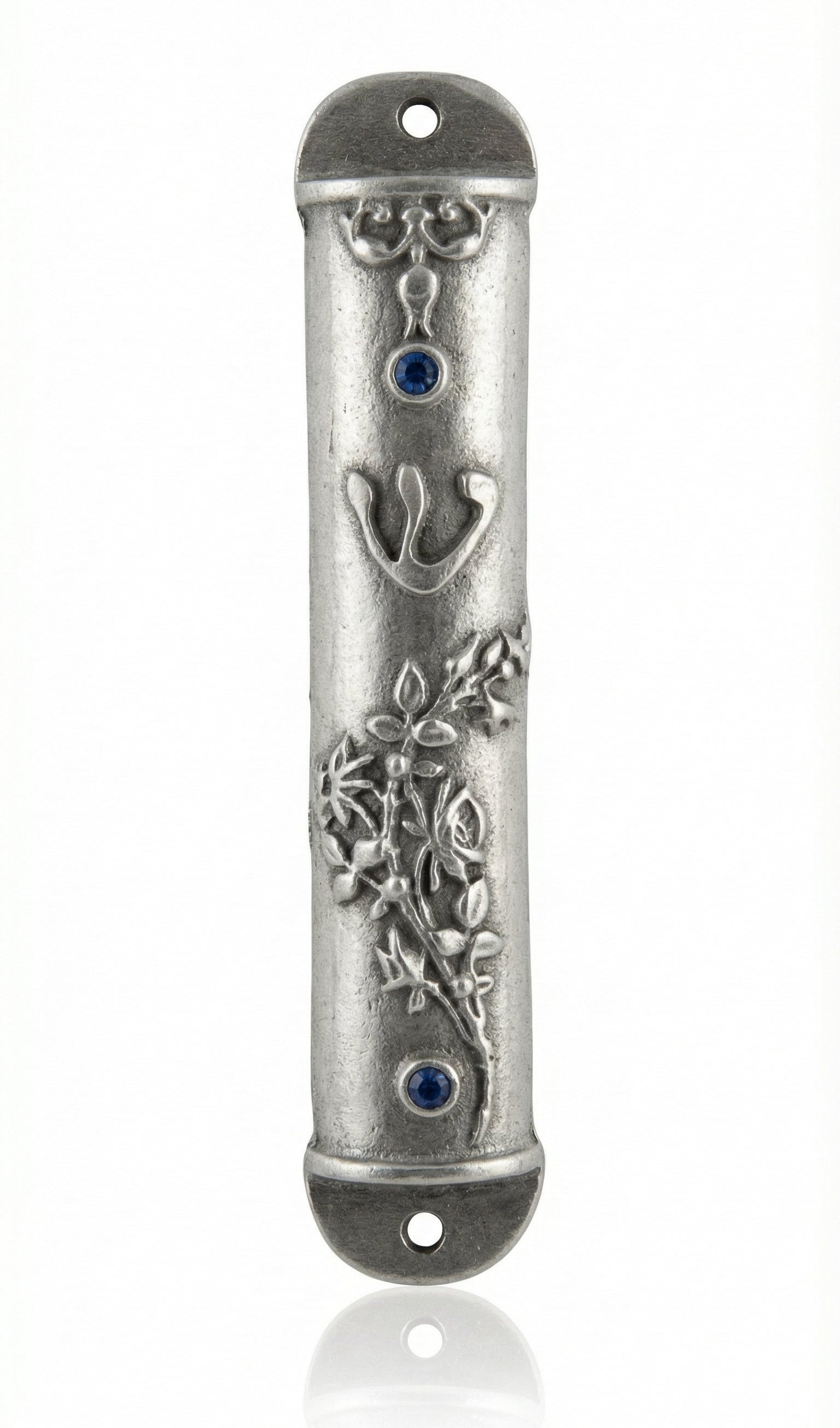 Wildflowers mezuzah with sky blue accents, detailed floral carvings, and Hebrew inscriptions, displayed on a white studio background with soft reflection.